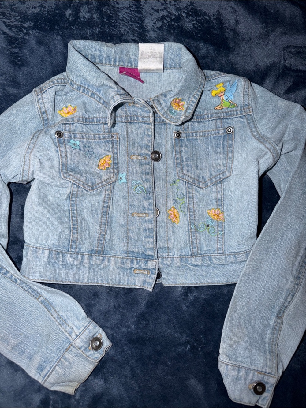 Vintage Y2K  Disney Light Blue Tinker Bell Embroidered Jean Jacket